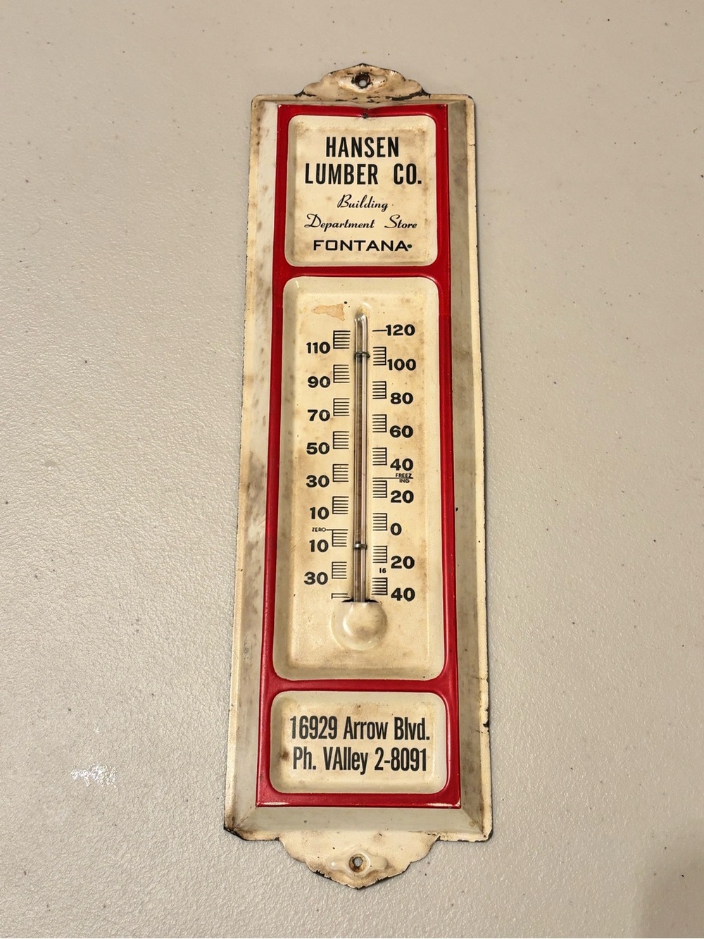 Vintage metal advertising wall thermometer, Fontana, California